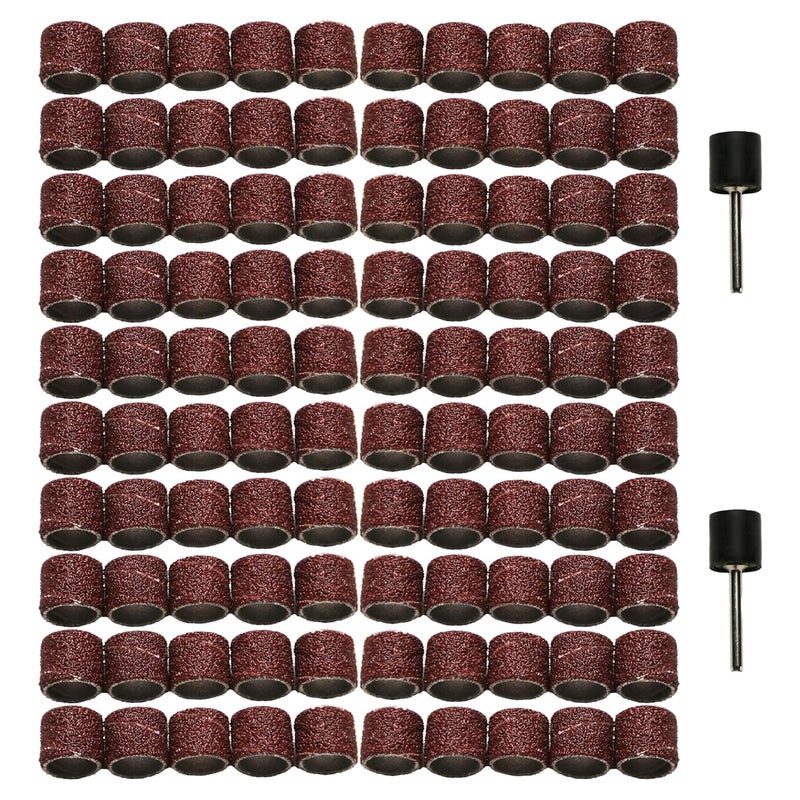 T-MAX 100 pc 3/8 Inch Sand Drum Grit 80 Coarse with 2 pc 1/8 Inch Mandrel for Dremel Rotary Tools - Image 1
